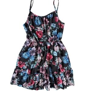 Floral Spaghetti Strap Mini Dress Black Pink Blue Ruffle Hem Elastic Waist